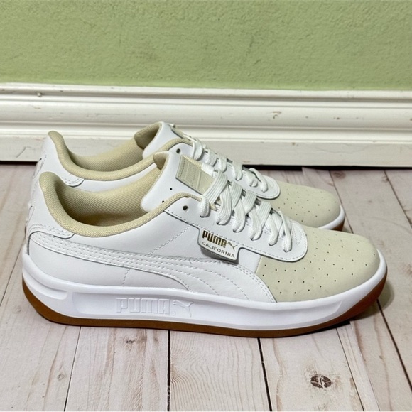 Puma California Exotic Leather Whisper‎ White/Puma White/Gold Sneaker Sz 8.5 Wmn - Picture 2 of 10